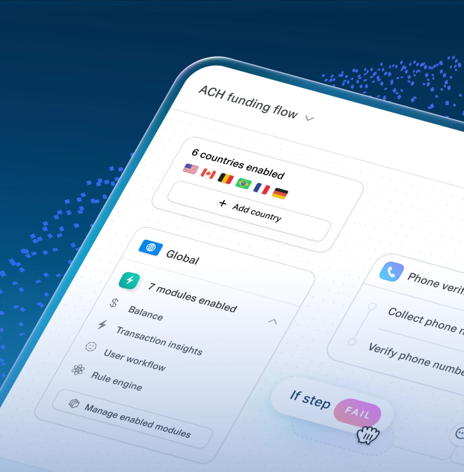 The ACH funding flow builder on a tablet, tilted against navy