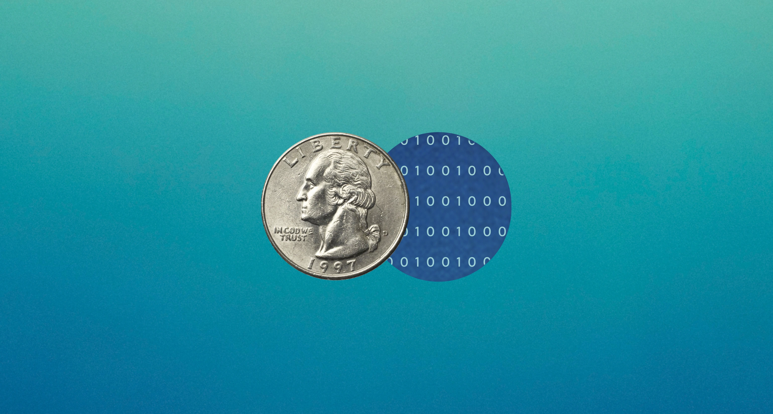 A quarter beside a disc of binary digits, on teal