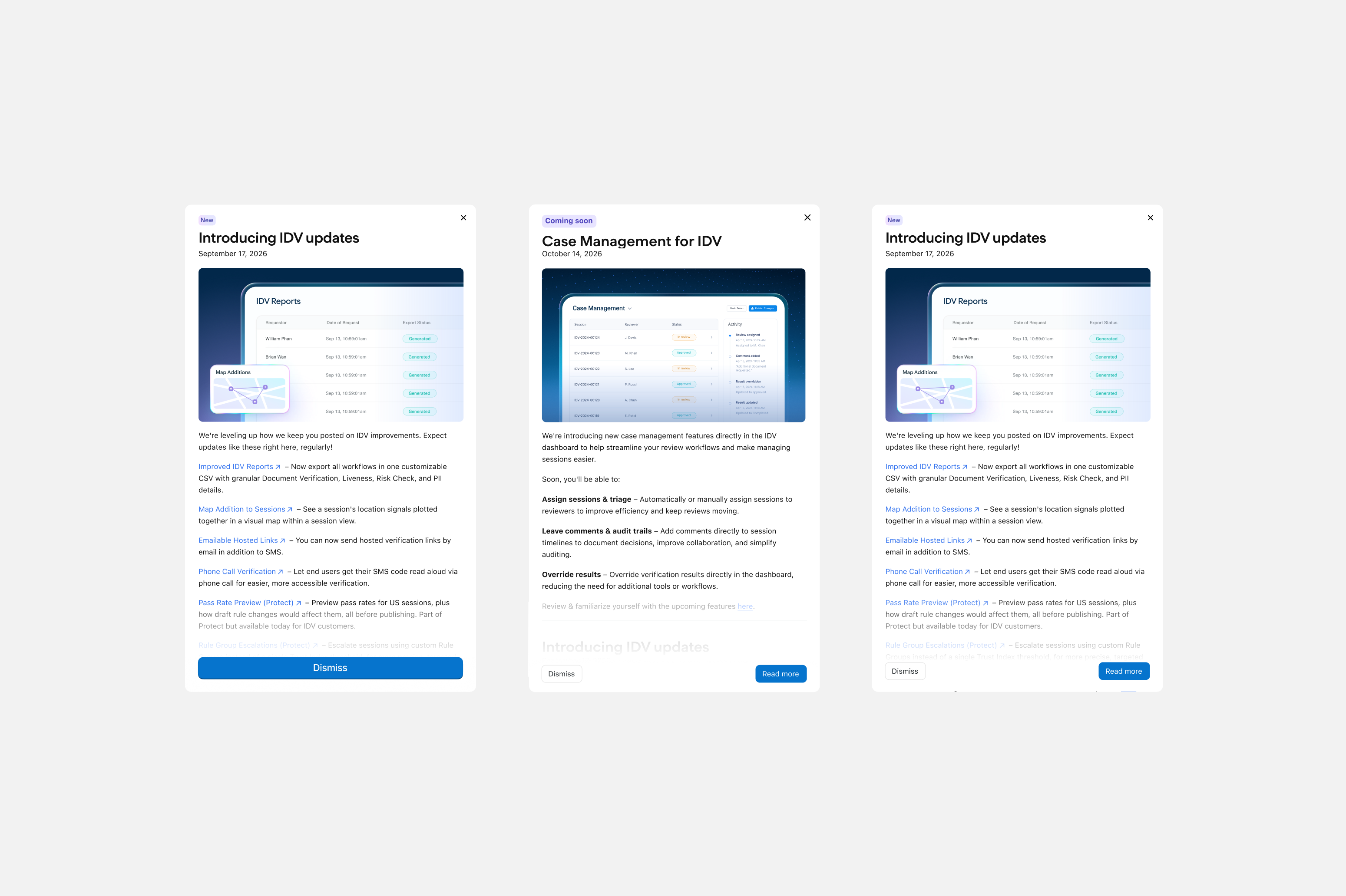 Changelog modals: IDV updates and case management