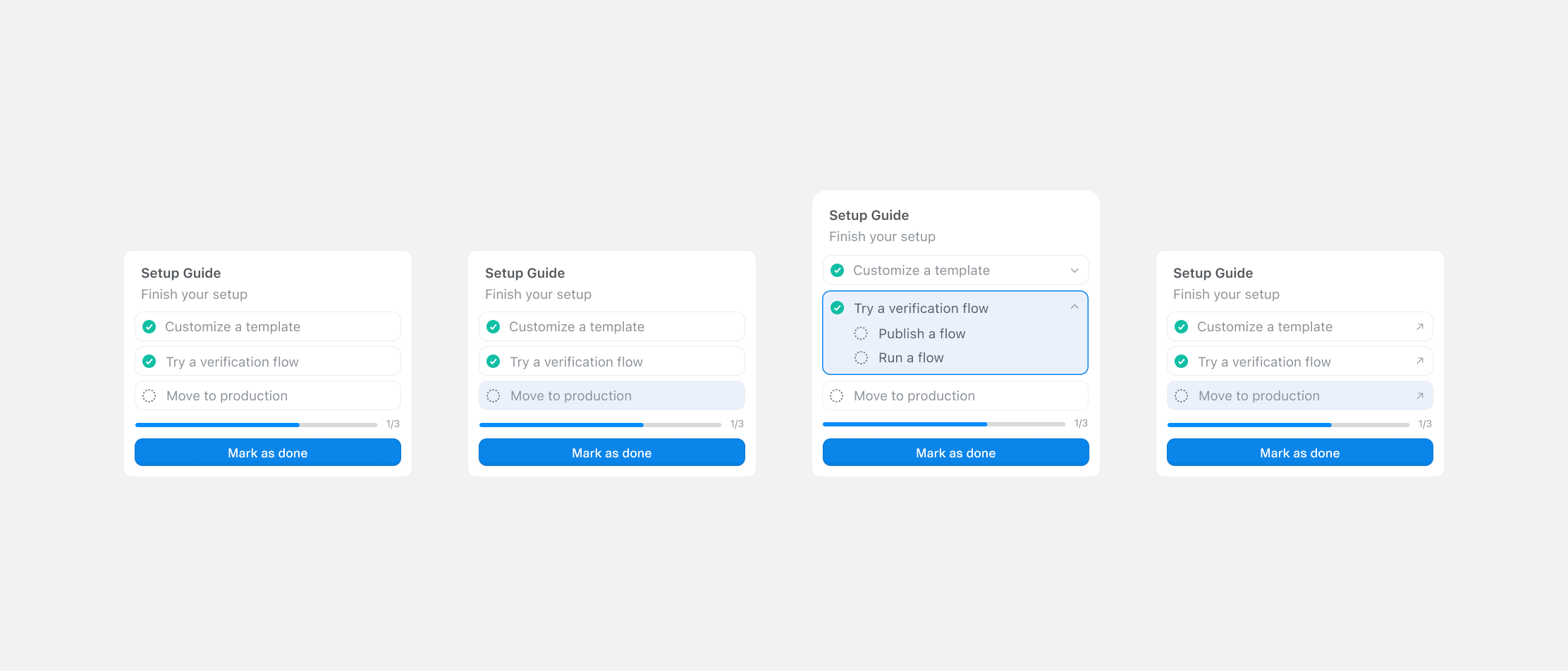 Setup guide card, four states